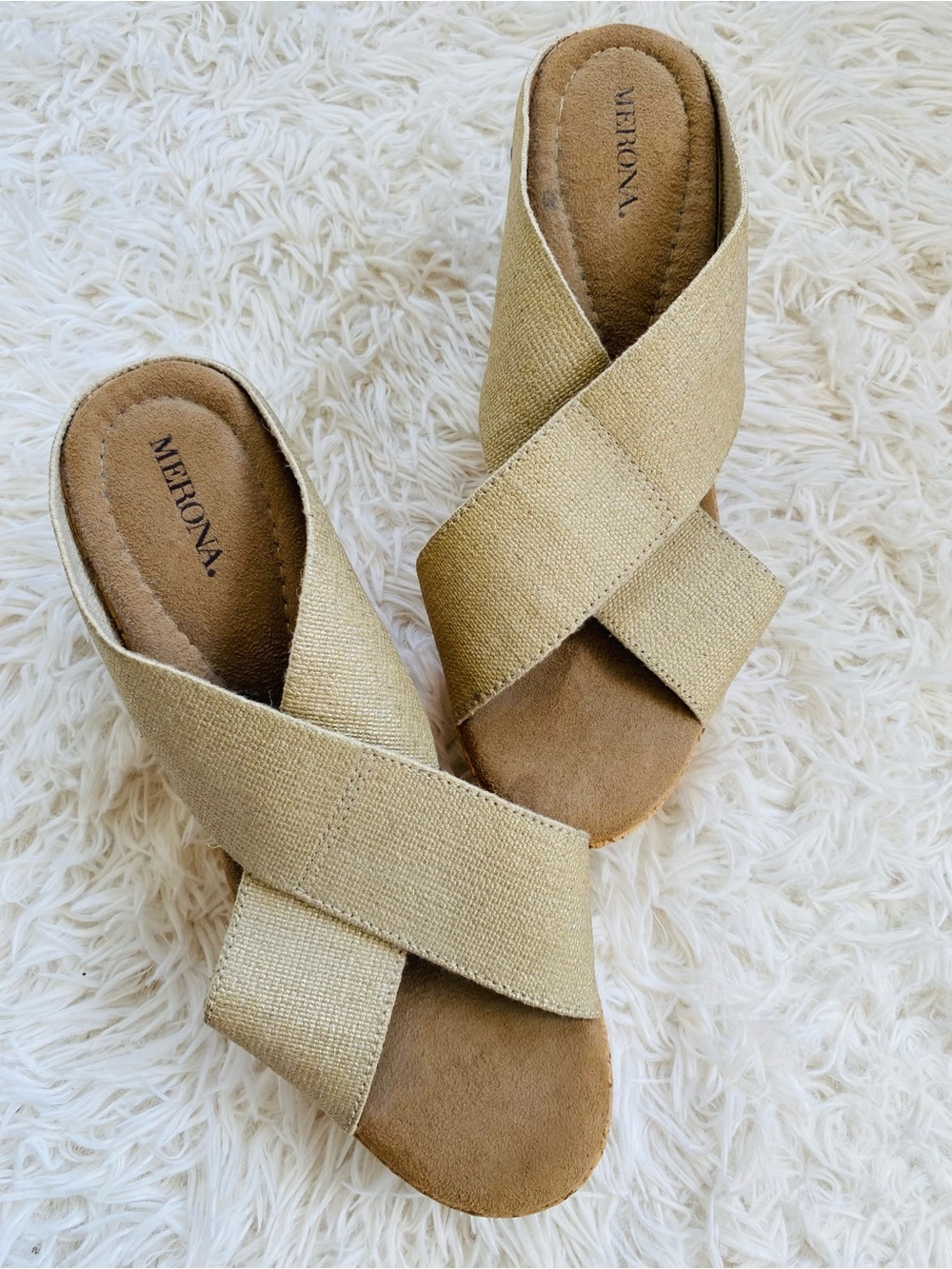 Merona Cork Wedge Mule Slide Sandals Natural Linen Criss Cross 9.5